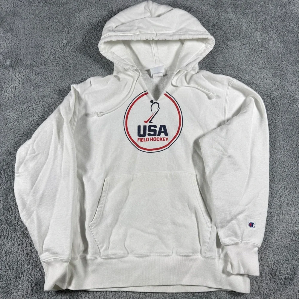 VTG Champion‎ Hoodie Mens Large White USA Field Hockey Reverse Weave Pullover
